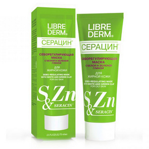 Себорегулирующая маска "Серацин" с белой и зеленой глиной для жирной кожи, 75 мл (Librederm)